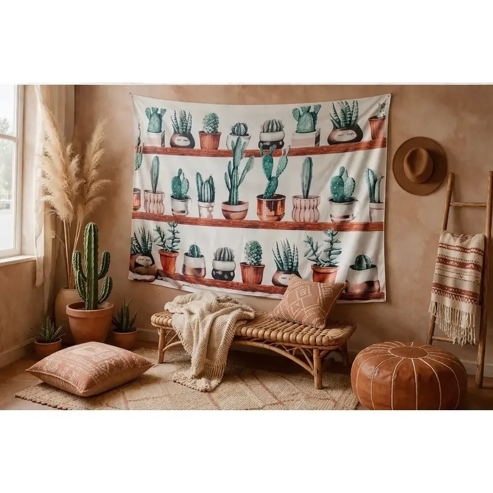 Cactus Whispers + Desert Blooms oversized succulent wall hanging tapestry